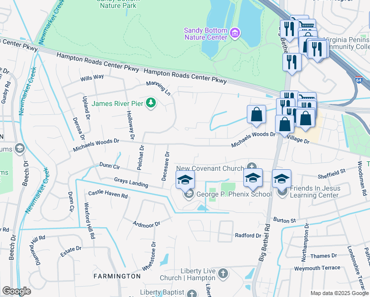 map of restaurants, bars, coffee shops, grocery stores, and more near 67 Michaels Woods Drive in Hampton