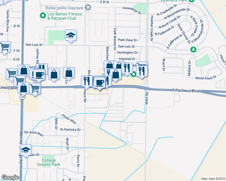map of restaurants, bars, coffee shops, grocery stores, and more near 2149 East Pacheco Boulevard in Los Banos