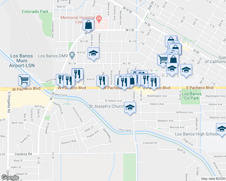 map of restaurants, bars, coffee shops, grocery stores, and more near 1317 South Nevada Avenue in Los Banos