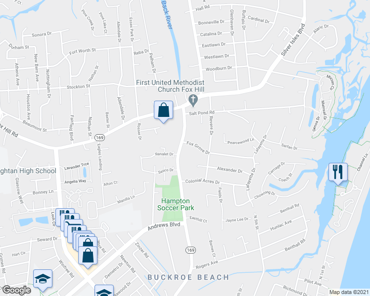 map of restaurants, bars, coffee shops, grocery stores, and more near 1768 Old Buckroe Road in Hampton