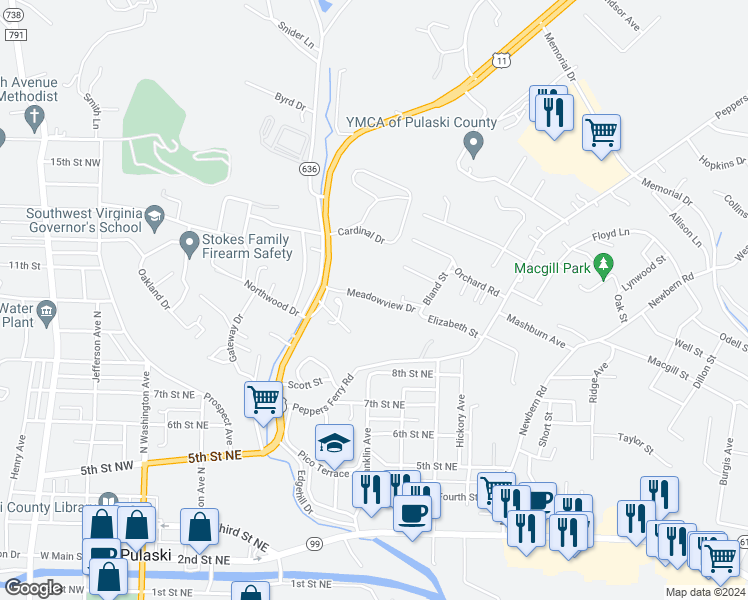 map of restaurants, bars, coffee shops, grocery stores, and more near 511 Arara Lane in Pulaski