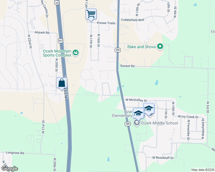 map of restaurants, bars, coffee shops, grocery stores, and more near 3905 North 15th Street in Ozark