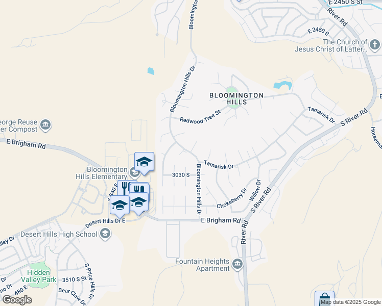 map of restaurants, bars, coffee shops, grocery stores, and more near 2698 Bloomington Hills Drive in Saint George