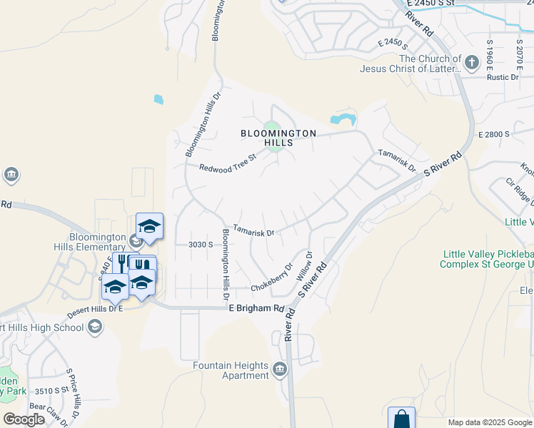 map of restaurants, bars, coffee shops, grocery stores, and more near 2992 Butternut Circle in St. George