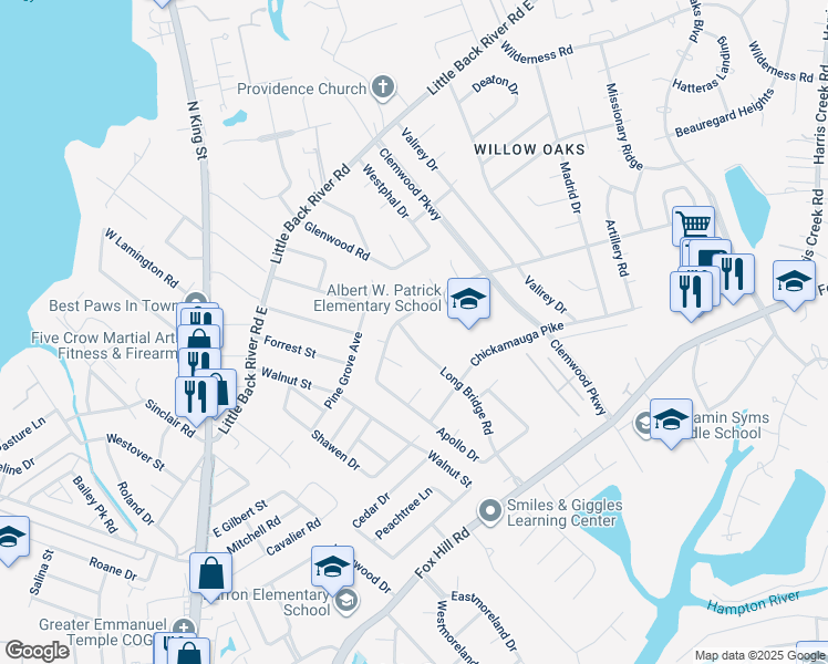 map of restaurants, bars, coffee shops, grocery stores, and more near 120 Long Bridge Road in Hampton