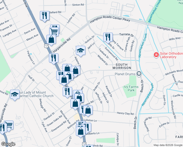 map of restaurants, bars, coffee shops, grocery stores, and more near 565 Adams Drive in Newport News