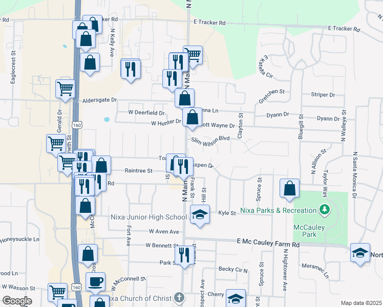 map of restaurants, bars, coffee shops, grocery stores, and more near 902 North Main Street in Nixa