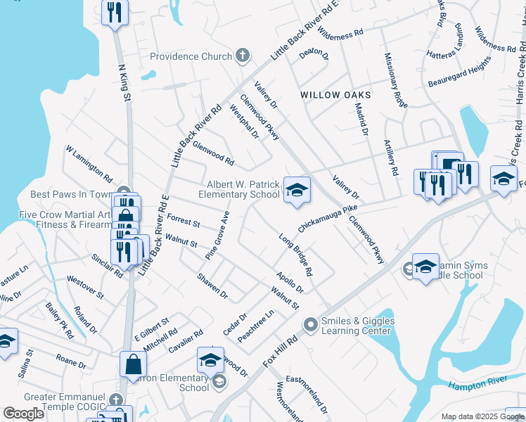 map of restaurants, bars, coffee shops, grocery stores, and more near 120 Long Bridge Road in Hampton
