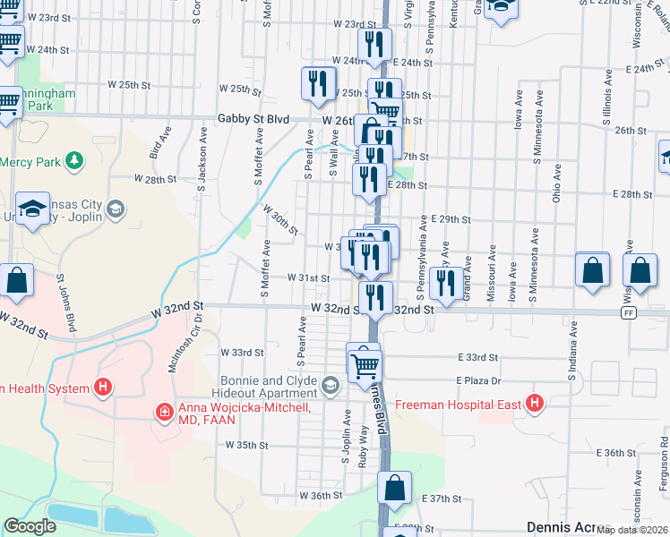 map of restaurants, bars, coffee shops, grocery stores, and more near 3105 South Wall Avenue in Joplin