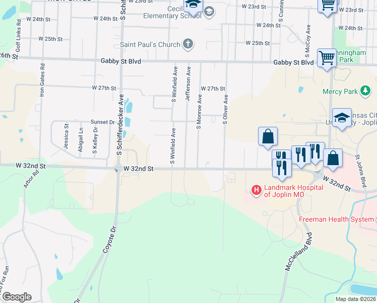 map of restaurants, bars, coffee shops, grocery stores, and more near 3126 South Monroe Avenue in Joplin