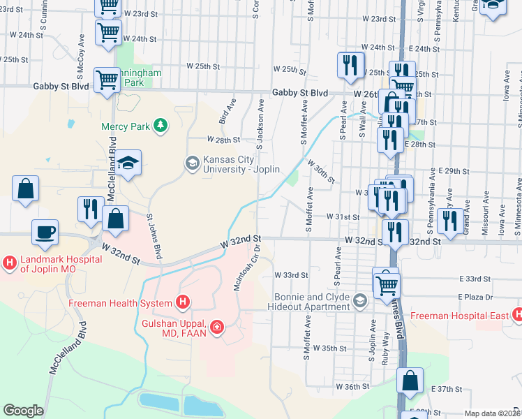 map of restaurants, bars, coffee shops, grocery stores, and more near 708 West 31st Terrace in Joplin