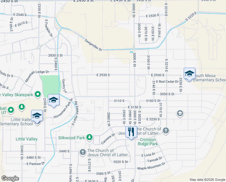 map of restaurants, bars, coffee shops, grocery stores, and more near 2902 Sycamore Lane in St. George