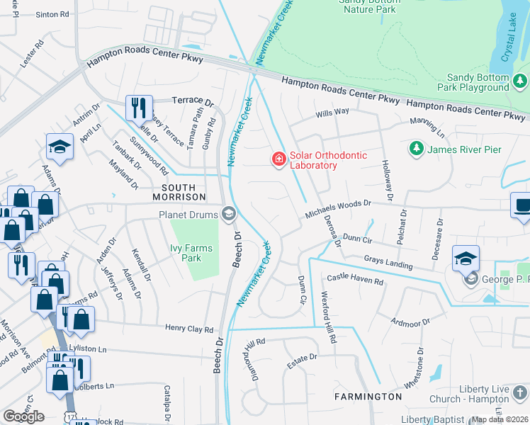 map of restaurants, bars, coffee shops, grocery stores, and more near 2 Kaleigh Court in Hampton