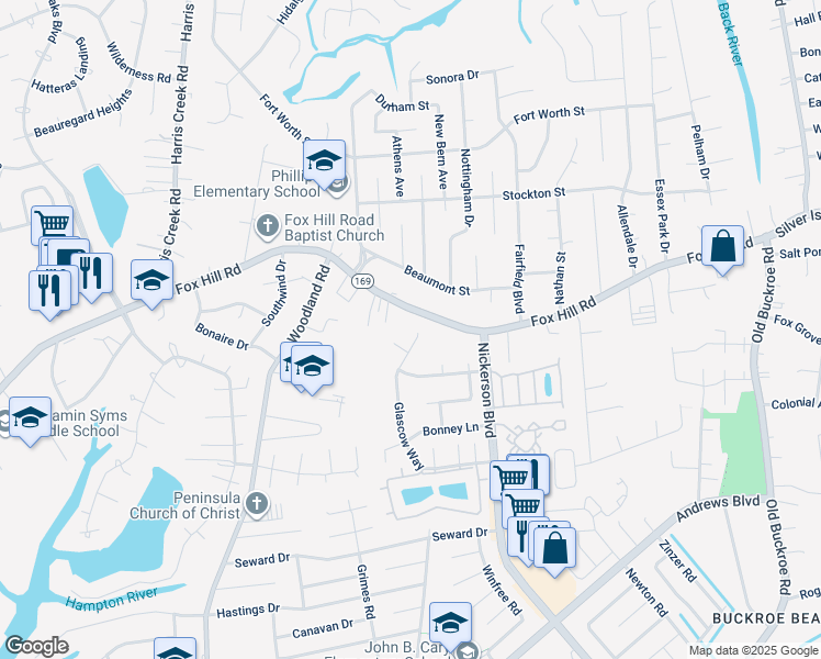 map of restaurants, bars, coffee shops, grocery stores, and more near 131 Glascow Way in Hampton