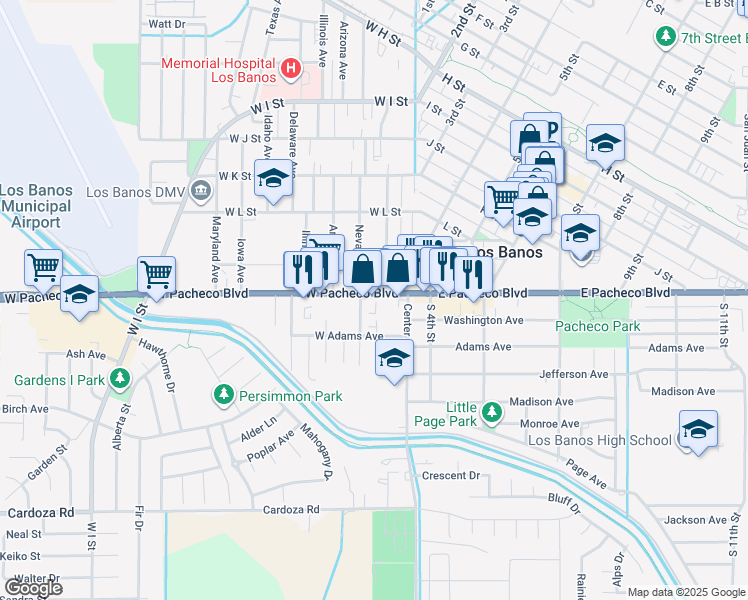 map of restaurants, bars, coffee shops, grocery stores, and more near 1402 South California Avenue in Los Banos
