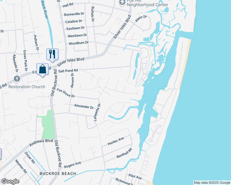 map of restaurants, bars, coffee shops, grocery stores, and more near 12 Sarfan Drive in Hampton