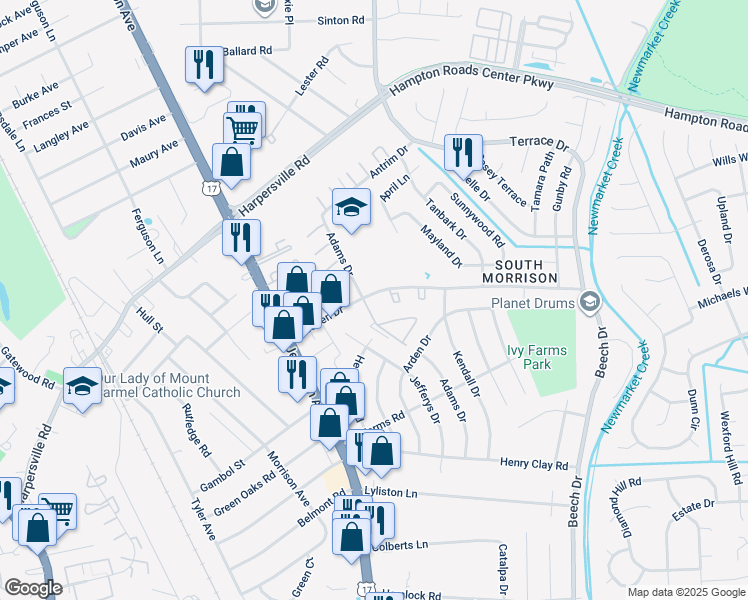map of restaurants, bars, coffee shops, grocery stores, and more near 642 Dresden Drive in Newport News
