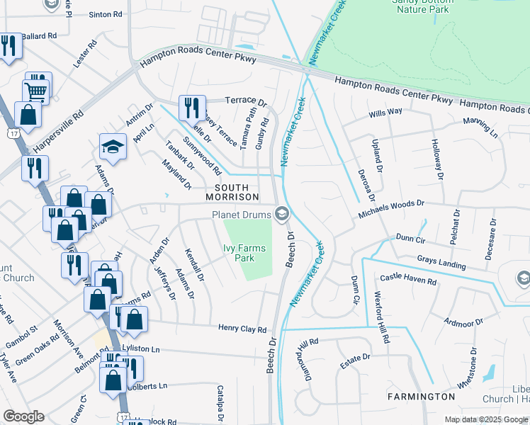 map of restaurants, bars, coffee shops, grocery stores, and more near 600 Almond Drive in Newport News