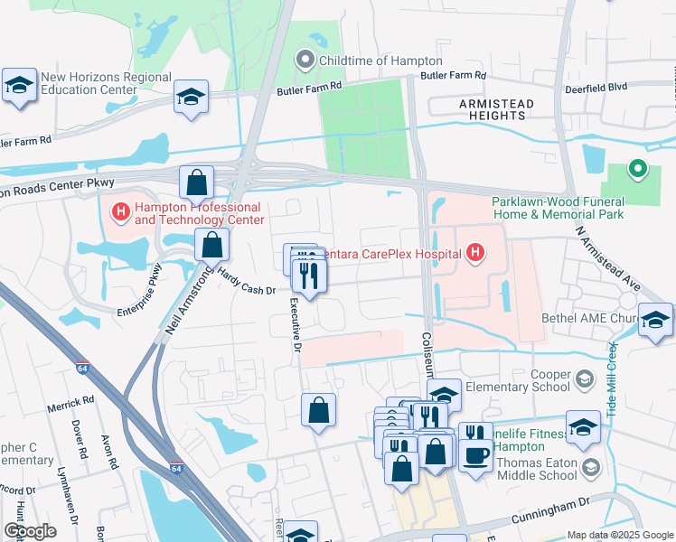 map of restaurants, bars, coffee shops, grocery stores, and more near 1407 Paul Jack Drive in Hampton