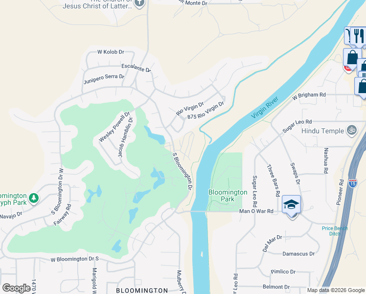 map of restaurants, bars, coffee shops, grocery stores, and more near 3174 S Bloomington Drive East in St. George