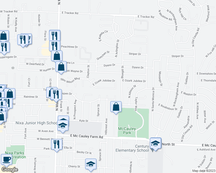 map of restaurants, bars, coffee shops, grocery stores, and more near 511 Slim Wilson Boulevard in Nixa