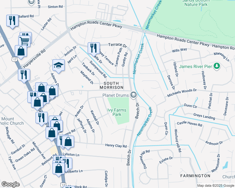 map of restaurants, bars, coffee shops, grocery stores, and more near 600 Almond Drive in Newport News