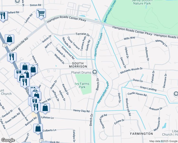 map of restaurants, bars, coffee shops, grocery stores, and more near 600 Almond Drive in Newport News