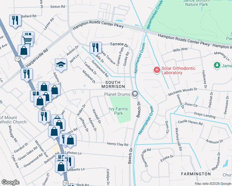 map of restaurants, bars, coffee shops, grocery stores, and more near 600 Almond Drive in Newport News