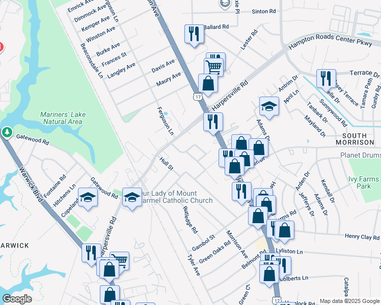 map of restaurants, bars, coffee shops, grocery stores, and more near 4 Frederick Drive in Newport News