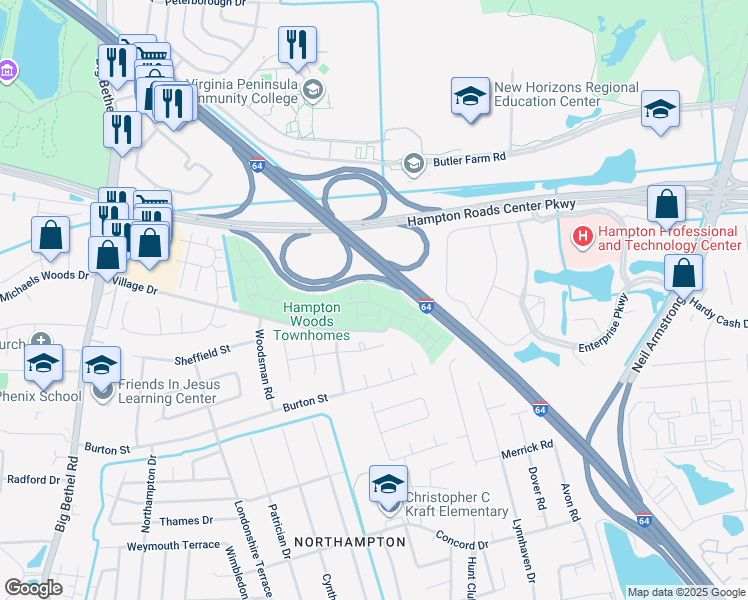 map of restaurants, bars, coffee shops, grocery stores, and more near 2 Red Oak Place in Hampton