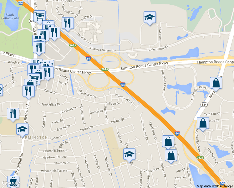 map of restaurants, bars, coffee shops, grocery stores, and more near 2 Red Oak Place in Hampton