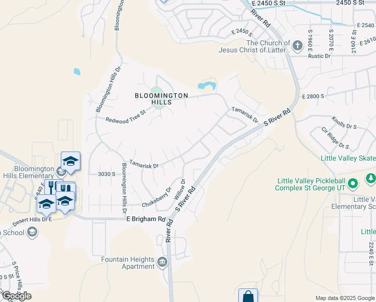 map of restaurants, bars, coffee shops, grocery stores, and more near 1422 Tamarisk Drive in St. George