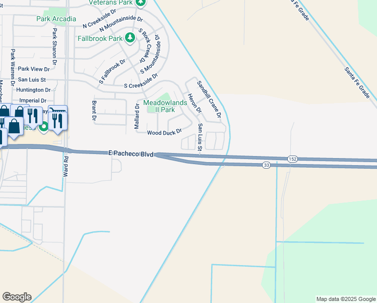 map of restaurants, bars, coffee shops, grocery stores, and more near 2913 Las Flores Circle in Los Banos