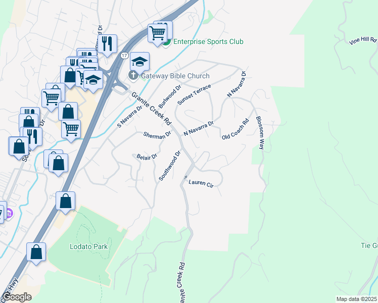 map of restaurants, bars, coffee shops, grocery stores, and more near 2930 Granite Creek Road in Scotts Valley