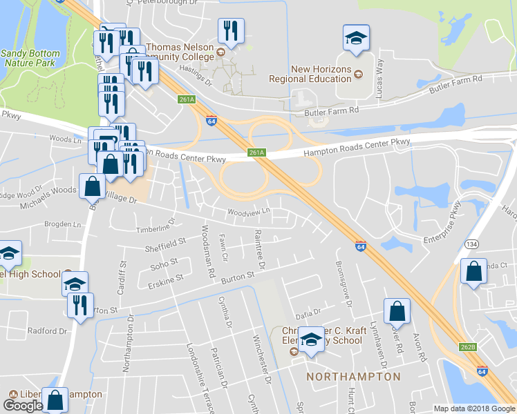 map of restaurants, bars, coffee shops, grocery stores, and more near 8 Hawthorn Place in Hampton