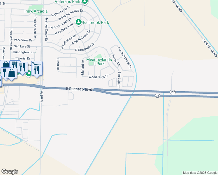map of restaurants, bars, coffee shops, grocery stores, and more near 2919 Las Flores Circle in Los Banos