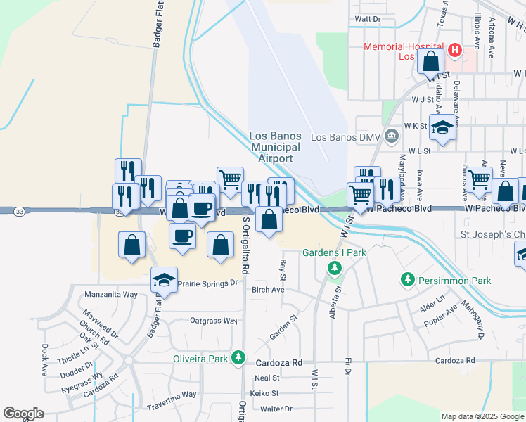 map of restaurants, bars, coffee shops, grocery stores, and more near 951 West Pacheco Boulevard in Los Banos