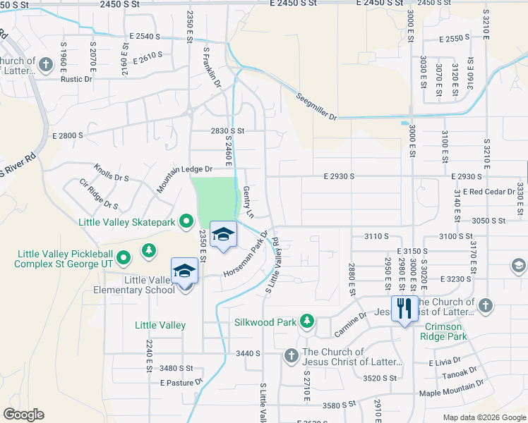 map of restaurants, bars, coffee shops, grocery stores, and more near 2994 Poplar Lane in St. George