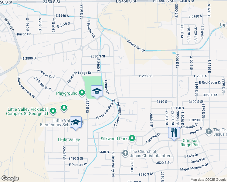 map of restaurants, bars, coffee shops, grocery stores, and more near 3033 Gentry Lane in St. George