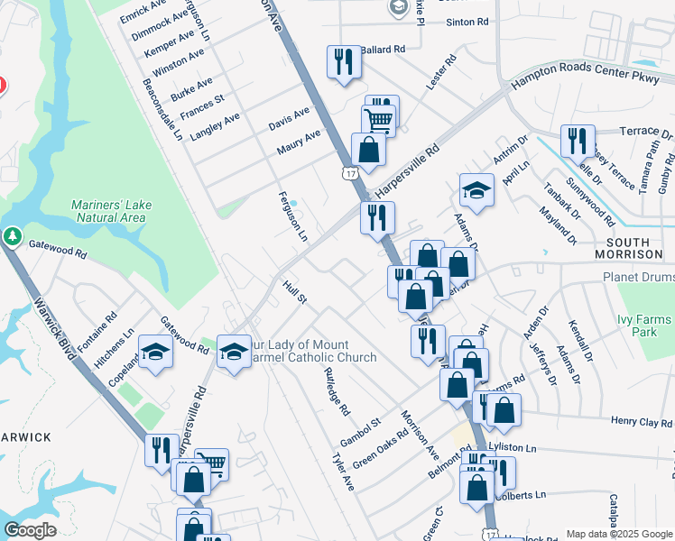 map of restaurants, bars, coffee shops, grocery stores, and more near 4 Frederick Drive in Newport News