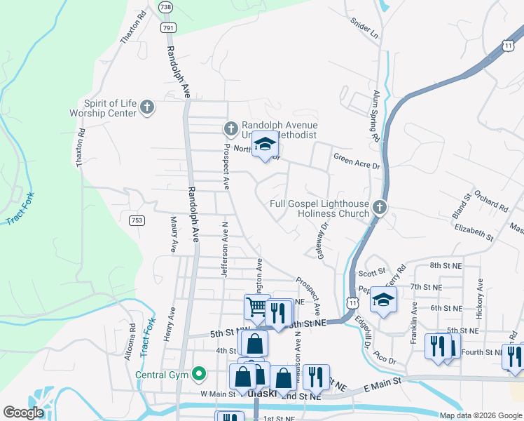 map of restaurants, bars, coffee shops, grocery stores, and more near 103 Virginia Court in Pulaski