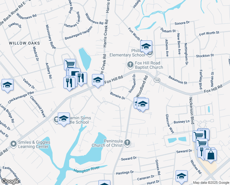 map of restaurants, bars, coffee shops, grocery stores, and more near 17 Bonaire Drive in Hampton
