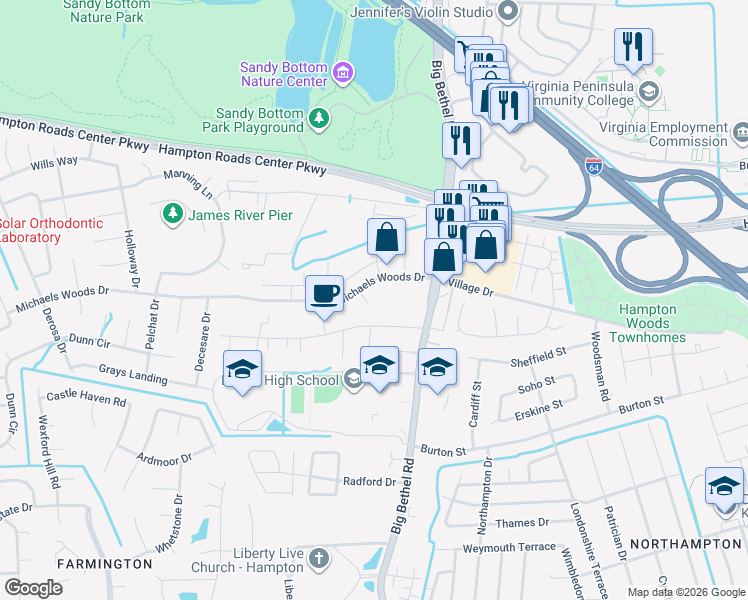 map of restaurants, bars, coffee shops, grocery stores, and more near 33 Ridge Wood Drive in Hampton