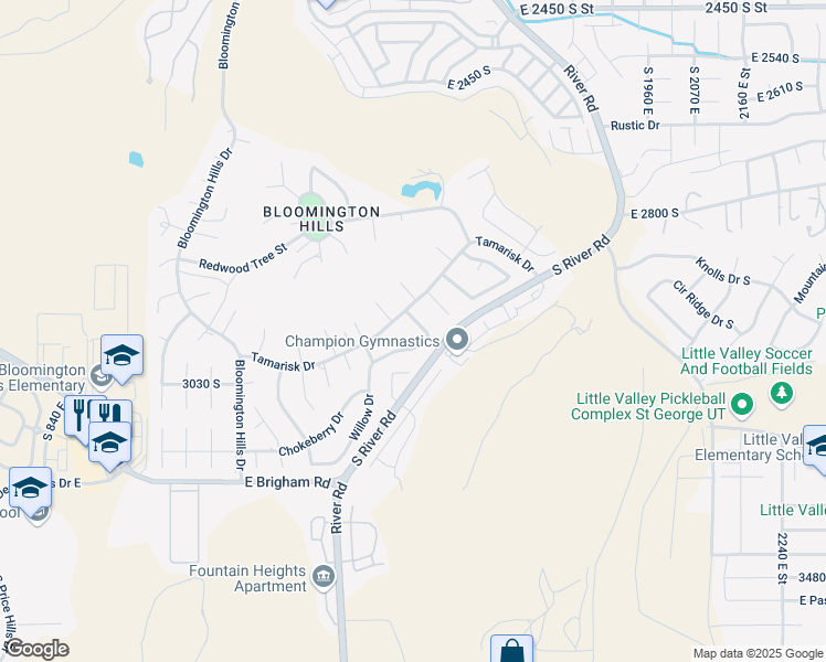 map of restaurants, bars, coffee shops, grocery stores, and more near 1437 Tamarisk Drive in St. George