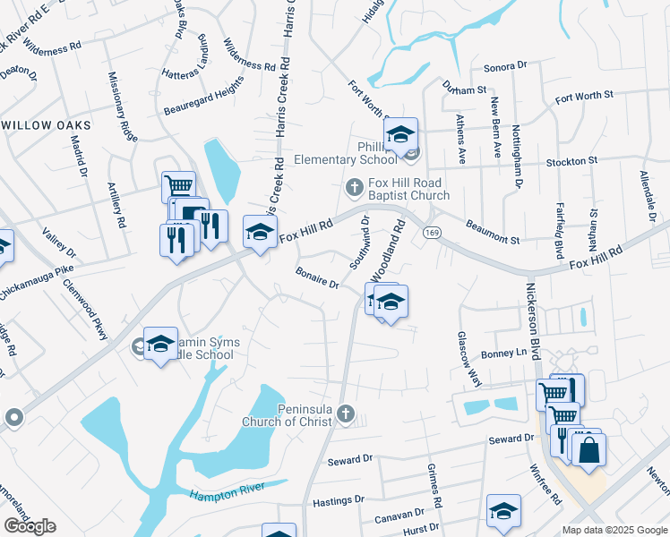 map of restaurants, bars, coffee shops, grocery stores, and more near 9 Winnard Road in Hampton