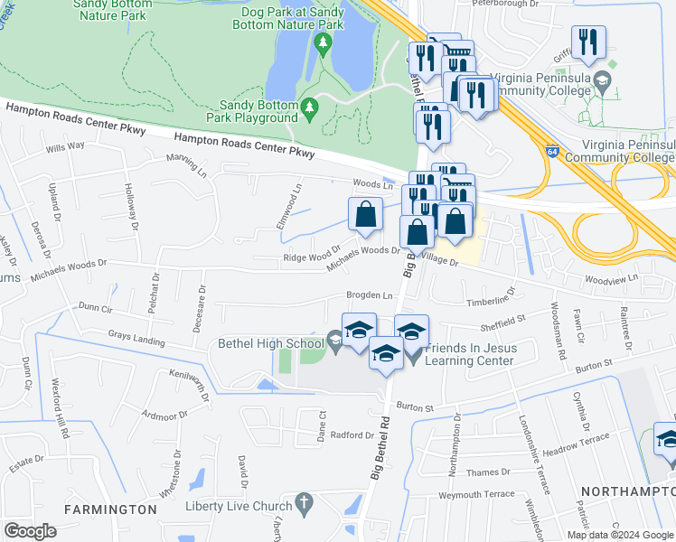 map of restaurants, bars, coffee shops, grocery stores, and more near 2 Jimmy Cir in Hampton