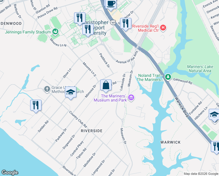 map of restaurants, bars, coffee shops, grocery stores, and more near 9 Sunset Road in Newport News