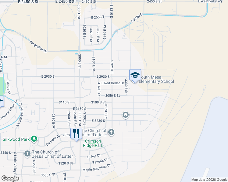 map of restaurants, bars, coffee shops, grocery stores, and more near 3224 Sugar Maple Drive in St. George