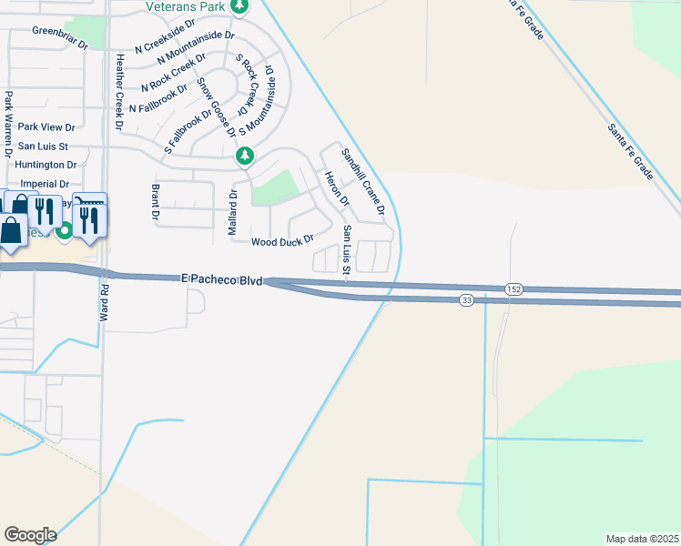 map of restaurants, bars, coffee shops, grocery stores, and more near 2906 Las Flores Circle in Los Banos
