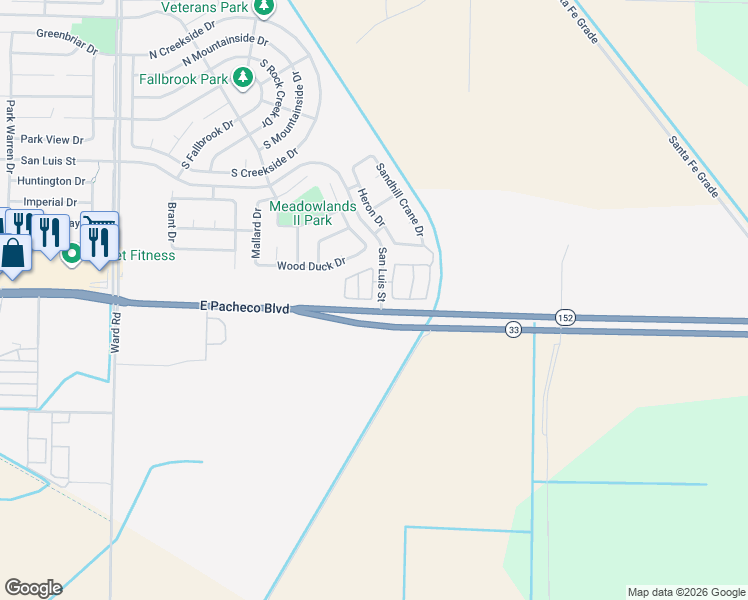 map of restaurants, bars, coffee shops, grocery stores, and more near 2906 Las Flores Circle in Los Banos